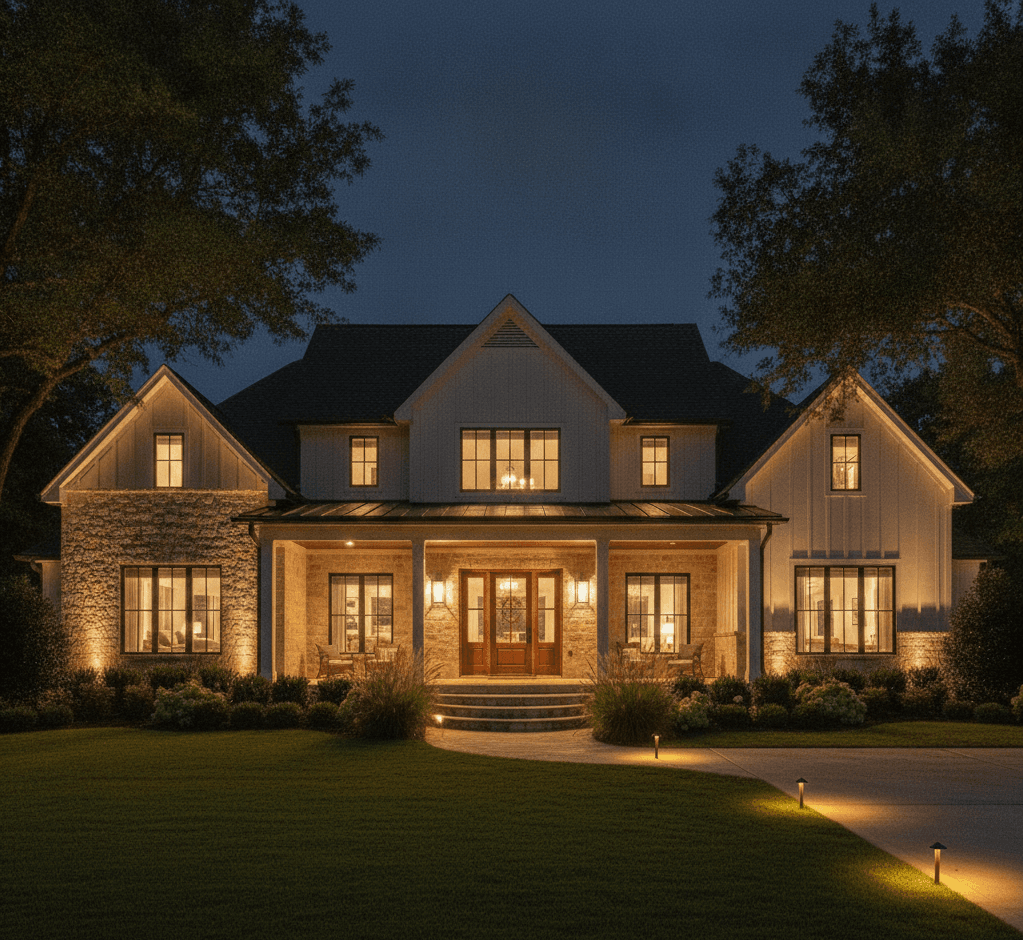 Dusk exterior concept with landscape lighting